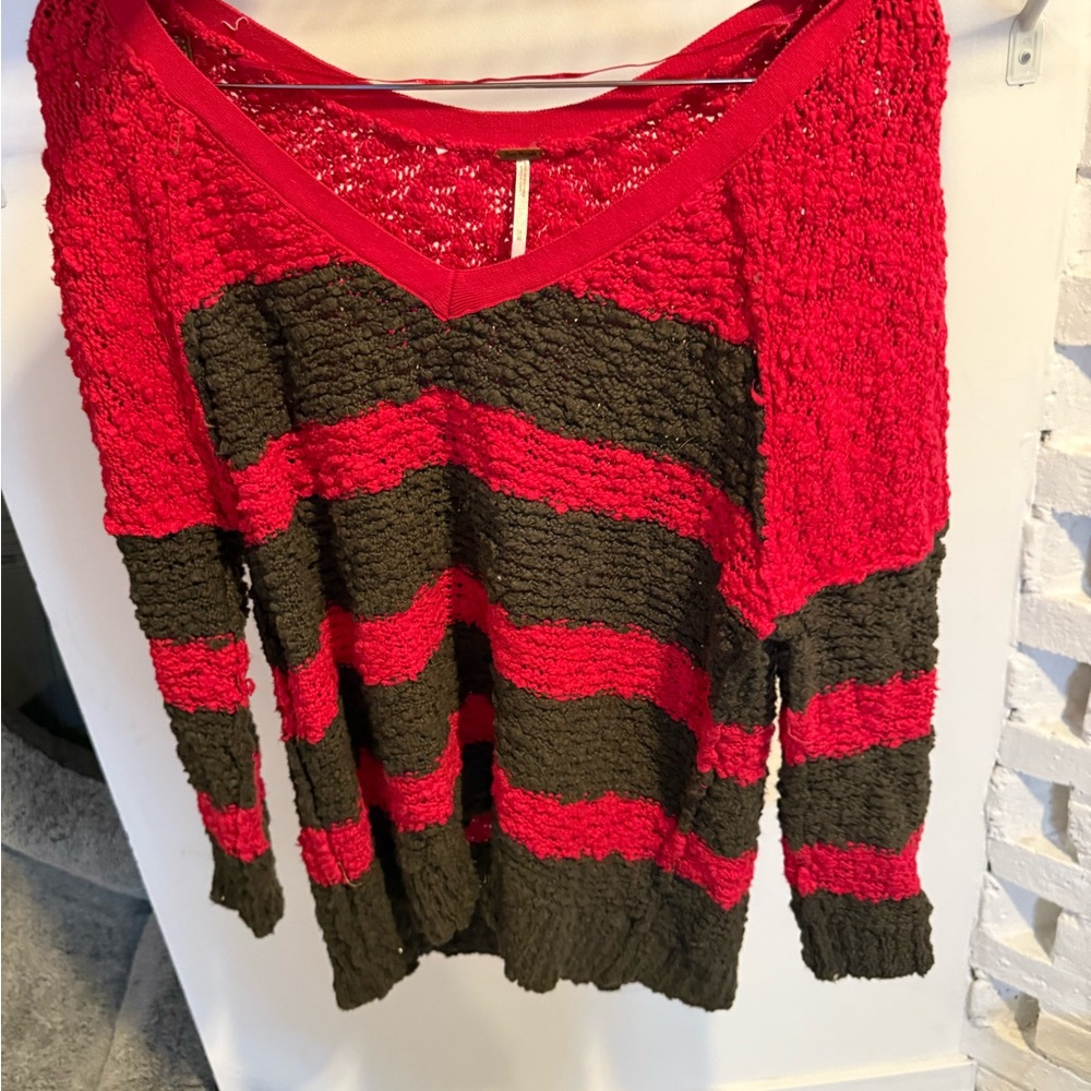 Free People Red and Black V-Neck Sweater
